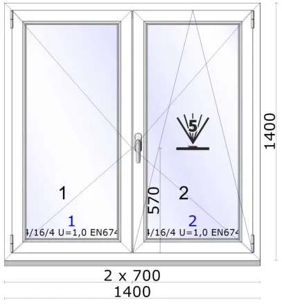 Dvoukřídlé plastové okno | otvíravé + otvíravě-sklopné | 1400x1400mm | barva bílá 1
