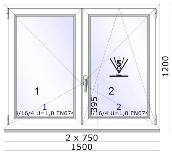 Dvoukřídlé plastové okno | otvíravé + otvíravě-sklopné | 1500x1200mm | barva bílá 1